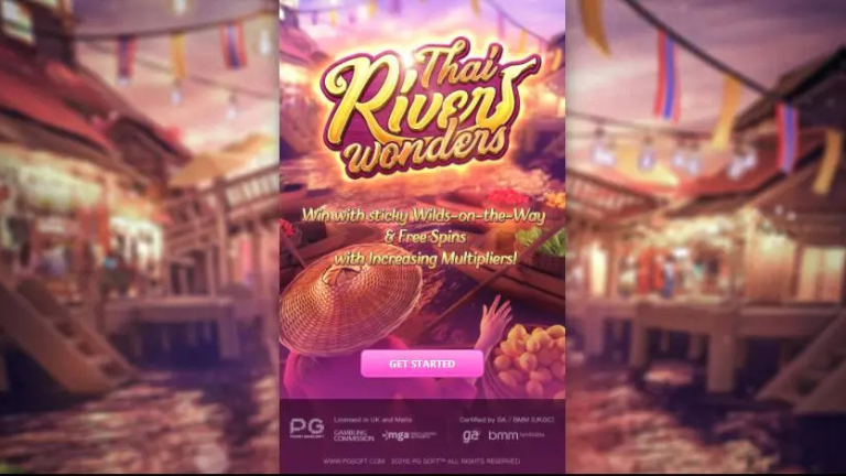 "Thai Rivers Wonders PG Soft slot game featuring colorful boats, exotic fruits, and traditional floating market themes."

